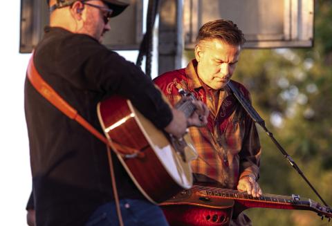 Rob Ickes and Trey Hensley perform at the 28th annual Oklahoma International Bluegrass Festival in Guthrie. Photo by Brent Fuchs.