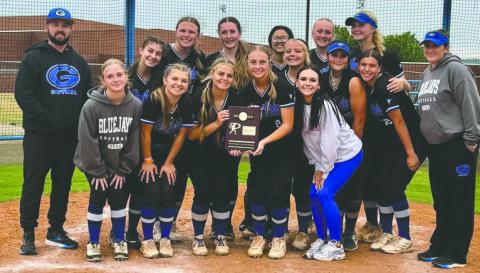 Guthrie Lady Jays softball team celebrates after securing the district championship, marking a strong performance in postseason play and earning the title with a decisive team effort. Guthrie Lady Jays Softball Booster Facebook