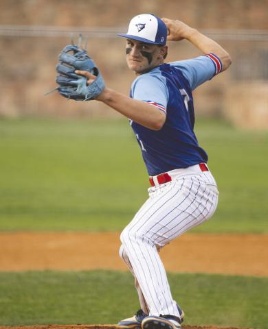 Guthrie’s Maddox Vaughn delivers a pitch against Santa Fe South during the March 30 matchup, bringing the heat from the mound as the Bluejays battled on the road. Photo by Brent Fuchs