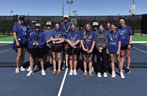 Coach Aman, Nash Huskey and Caden Shipley won the 2 doubles bracket, Brennan Williams, Ella Huskey, Drake Shelton and Trenton Edberg placed 3rd at 1 doubles, Lillie Benton and Teagan Duehning were 2nd at 2 doubles, Bowen Ingram, Marley Aitkens, Savannah Schlueter, Taylor Shipley and not pictured, Natalia Acosta placed second at 1 doubles and Coach O’Hara. Photo courtesy of Mary Hudson