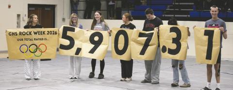 Guthrie High School students present a $5,907.31 donation to Camp Twin Cedars following this year’s Rock Week fundraiser. Photo by Brent Fuchs