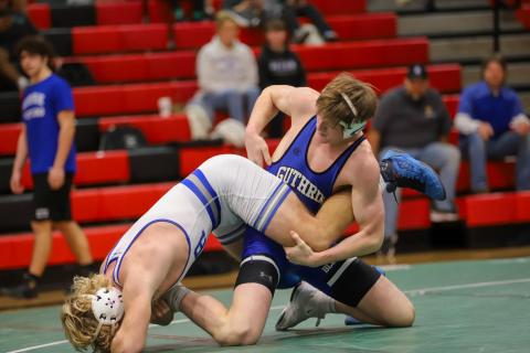 Guthrie's Clayton Carey competes against Sapulpa at the 2025 5A-5 District Duals on Tuesday, Jan. 21. Courtesy of Nicole Hall/Guthrie Wrestling.