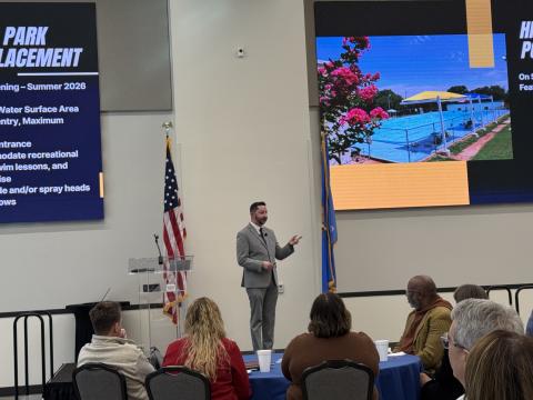 Guthrie City Manager Eddie Faulkner speaks at the State of the City luncheon on Tuesday. Taken by George McCormick.