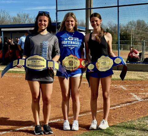 Left to right: Haley Gallo, Kinley Duehning and Ryn McCormick of Guthrie softball awarded PNTV All-State belts. Courtesy of Guthrie Lady Jays Softball Booster (Facebook).