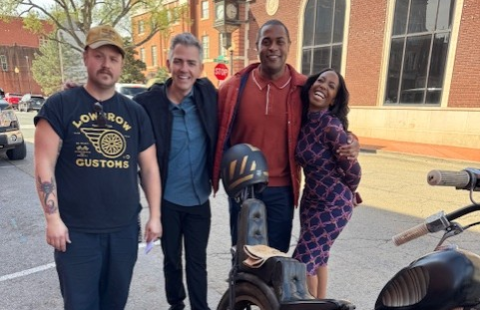 Cast of the Spotlight visit with motorcycle owner in downtown Guthrie. 
