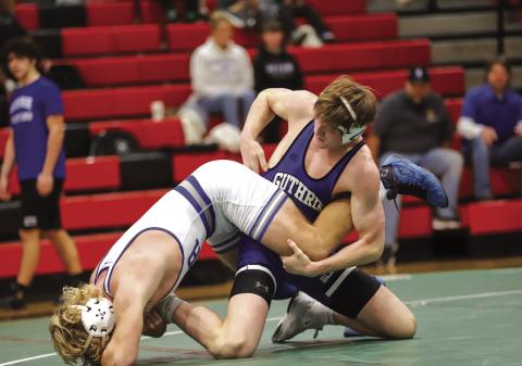 Guthrie's Clayton Carey competes against Sapulpa at the 2025 5A-5 District Duals on Tuesday, Jan. 21. Photo courtesy of Nicole Hall, Guthrie Wrestling (Facebook).