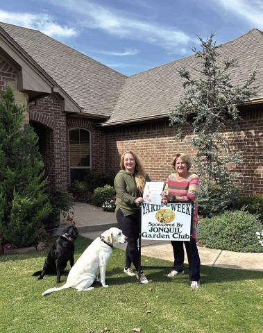 Guthrie Jonquil Garden Club is pleased to announce Yard of the Week honoring Rick & Kelli Pritchett, 12489 Blue Meadow. Pictured L to R: Kelli & Dana Bertrand (garden club member). Submitted photo
