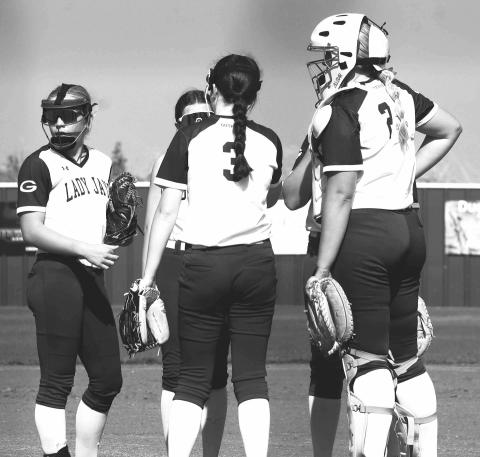 GJJHS Pitching mound Huddle. The GJHS softball team opened its season on August 12 against Bethany. Lady Jays pitcher Emry Hebensterger was stellar early with six strikeouts in the first two innings. Photos by Mike Monahan.