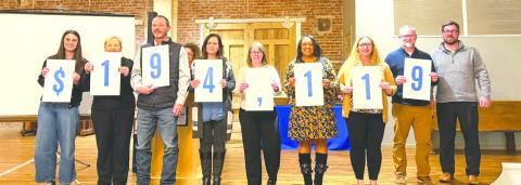United Way Board Members proudly display the 2025 fundraising total at the Annual Campaign Celebration held at the Guthrie Depot. Photo courtesy of United Way of Logan County.
