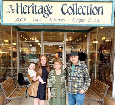 Linda and Boyd Rice, owners of The Heritage Collection, stand outside their store on Oklahoma Avenue in Guthrie with their granddaughter, Cherokee Rice, and great-granddaughter, Grace. The family continues the tradition of offering uniquely curated items to local shoppers.