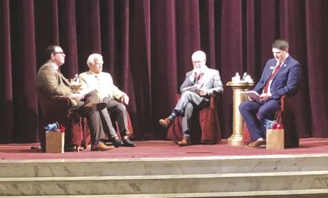 The Masonic Temple Thursday was the site of a fireside chat with former Oklahoma Governors George Nigh, and Gov. Brad Henry. Pictured left to right is; Michael Williams, moderator, and Curator at the Oklahoma Territorial Museum, Gov. Nigh; Gov. Henry, and Trait Thompson, moderator, and Executive Director of the Oklahoma Historical Society.