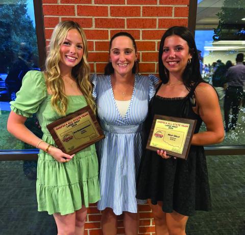 Left to right: senior Ava Hebensperger, head coach Kara Tarrant and senior Haley Gallo. Courtesy of Guthrie Lady Jays Softball Booster (Facebook).