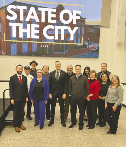 Guthrie Chamber of Commerce held the annual State of the City luncheon January 15. City Planner Eddie Faulkner, Guthrie Mayor Adam Ropp, Chamber President Brittany Timmons, Chamber Board Member Chris Evans, and City of Guthrie Staff pictured. Photo by Nikki Bos