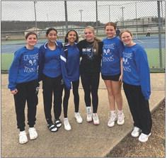 Guthrie Junior High Girls Tennis took on Henryetta. L-R: Taylor Shipley and Natalia Acosta placed 7th at one doubles, Laina Woodward and Teagan Duehning placed 6th at 2 doubles, Savannah Schlueter played 2 singles and Lillie Benton played 1 singles at the Henryetta 16 team Qualifier. Submitted photo