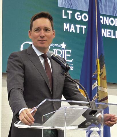 Lt. Gov. Matt Pinnell addressed business leaders at Meridian Technology Center. Photo by Shelley Malicote Stutchman.