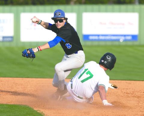 Guthrie’s Lance Evans (8) throws to first base after fielding the ball Friday, March 13, 2026, at Bishop McGuinness High School. Guthrie defeated Bishop McGuinness 8-5.