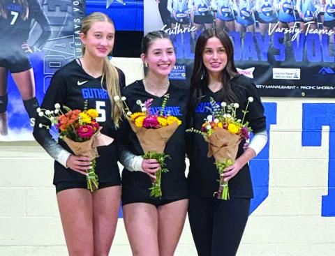 Guthrie seniors Lily Rechlin, Cora Leach, and Olivia Bryan were recognized October 7th at the Bluejays last home game of the season against Destiny Christian. Submitted photo