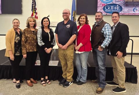 Pictured left to right are Brittany Timmons, Guthrie Chamber of Commerce president; Mary Murphey, County Assessor; Sherri Longnecker, county treasurer; Steven Haga, Logan County Emergency Management director; Troy Cole, County Clerk; Damon Devereaux, sheriff; and Chris Evans, Guthrie Chamber of Commerce Legislative Committee chair. Photo submitted by Brittany Timmons.