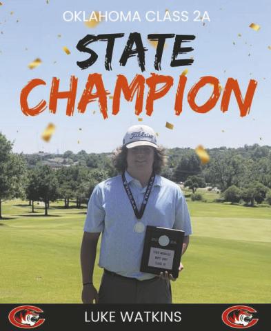 Crescent junior Luke Watkins celebrates Tuesday after winning the Class 2A individual state golf championship with a 219 overall score. Photo courtesy of Crescent Golf.