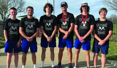 L-R: Jaxson Mayer and Carson Olmsted placed 4th at 1 doubles, Jack Arballo played 1 singles, Isaiah Dearman and Broderric Hansen placed 5th at 2 doubles and Ryan Mostrom played 2 singles during the Duncan West Tournament. Submitted photo