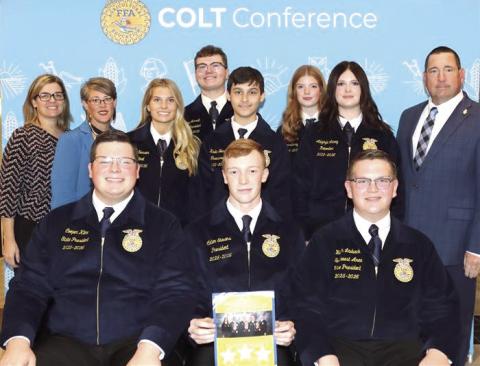 Front Row, L-R: Cooper Kline of North Rock Creek, state president. Sitting in the front row at far right is Heath Laubach of Mooreland, northwest area vice president.