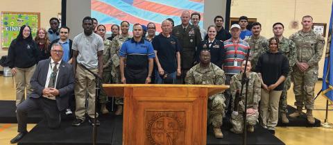 Staff and student veterans, along with students enrolled through the Fort Sill recruitment partnership, active-duty military members, and Brig. Gen. Colby B. Wyatt during the 20th annual Military Appreciation Day at Guthrie Job Corps Center on May 7. Photo courtesy Guthrie Job Corp Center.