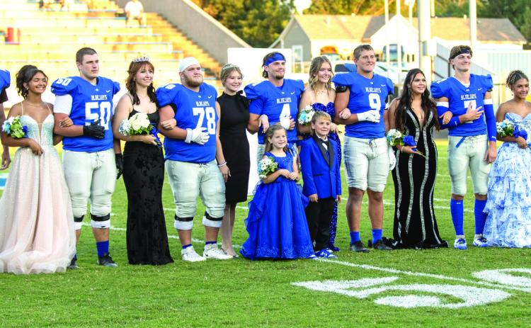 Guthrie 2025 Homecoming Court: Pictured L-R - Rion Russell, Collin Walters, Megan Mefferd, Daelon Rice, Tinaya Brown, Yogi Creed, 2025 Queen Brooklyn Schmidt, Cooper Walters, 2024 Queen Mollie Throckmorton, Jace Rainwater, Abby LeGrande, Kellen Hirzel, Ella Tontz, Maddox Vaughan, Jaidence Foster, Clayton Carpenter, Kenia Ayala, Gabe Jackson. Flower Girl - Emerson White, Crown Bearer - Jack Rainwater.  Photo by Brent Fuchs