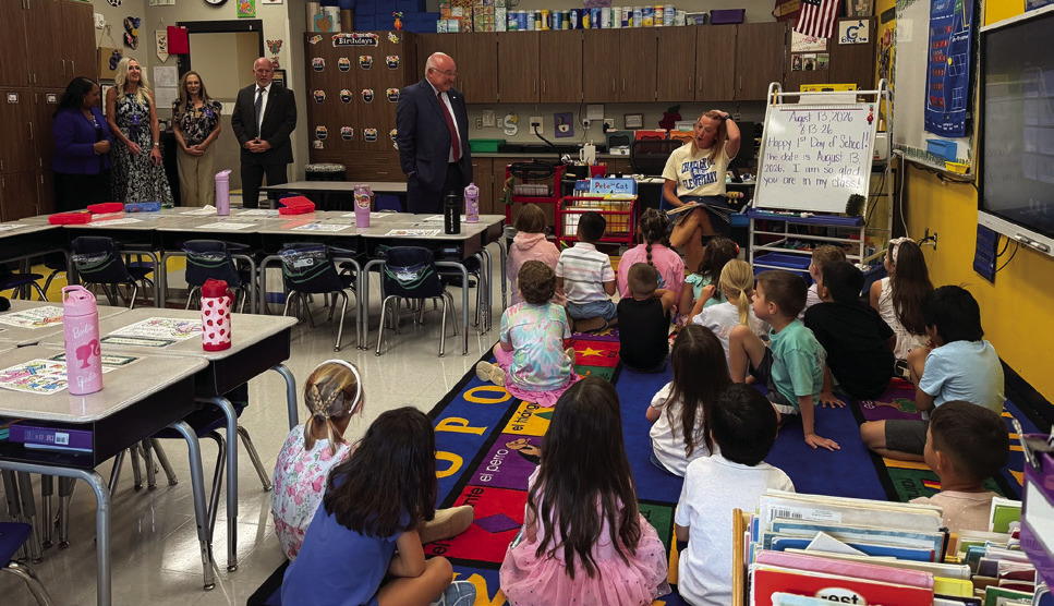 Guthrie Public Schools administrators visit with students and staff Aug. 13 as they tour district classrooms during the first day of the 2026-27 school year. Photo courtesy of Guthrie Public Schools