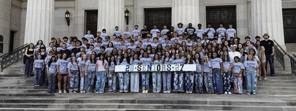 Guthrie High School seniors gather on the steps of the Masonic Temple Aug. 13 before heading out for the annual senior drive, a long-standing tradition marking the beginning of their final year as Bluejays. Photo courtesy of Guthrie Public Schools