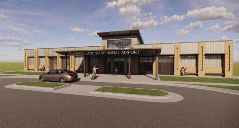 A rendering shows the planned new terminal at Guthrie-Edmond Regional Airport. The approximately $7 million project will add a 5,500-square-foot terminal featuring a restaurant and airside patio, pilot lounge, conference space and offices, along with expanded aircraft parking.