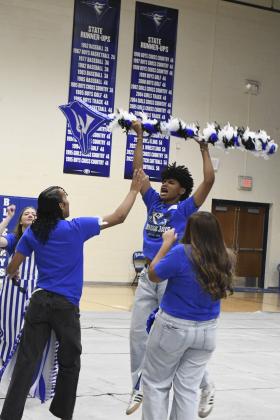 The junior class wasn't about to let the Blue Out pass quietly. Kennedi Wheeler, DeMarcus Officer and Xavier Harriman turned up the energy at the Student Homecoming Assembly, challenging their fellow juniors to show just how much Bluejay spirit they could bring. With Jurassic Jays taking over Homecoming week, the junior leaders made sure their class understood the assignment: get loud, get spirited and make some noise. Photo by GHS Yearbook Staff.
