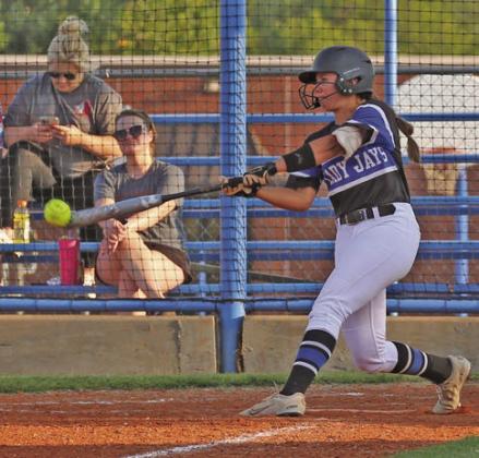 Junior Haley Gallo gets a basehit to drive in a run in game against Lawton Mac on August 17.