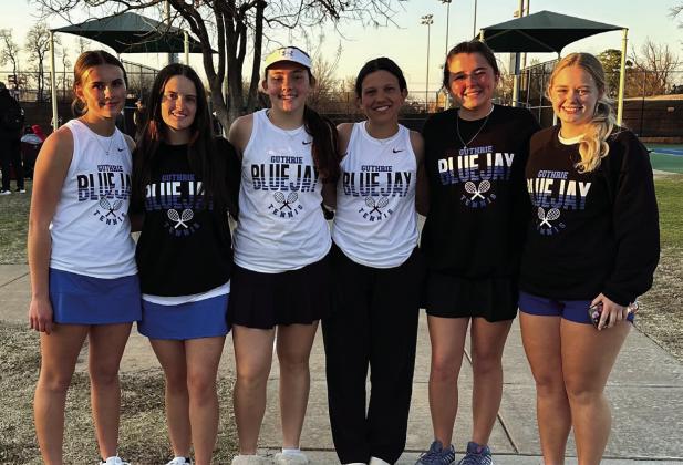 Guthrie Varsity Tennis Girls begun the season at the Carl Albert Tournament. Holly and Aspen Mitchell played 2 doubles and placed 6th, Jillian Minter played 1 doubles with Rylee Tobin, second from right and placed 4th, Emma Poupard placed 5th at 1 singles and Kenzie Hardesty placed 14th at 2 singles. Submitted photo