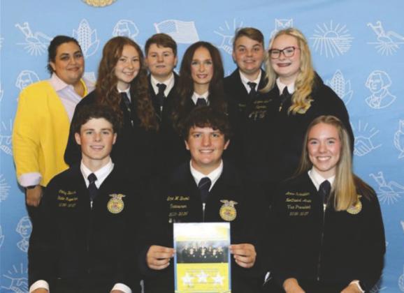 Mulhall-Orlando FFA Officer &; State Officers : Row 3 (far back): Tonya Middleton(Advisor), Garrett Schoonover (Sentinel), Fletcher Inman (Treasurer). Row 2: Brylie Cook (Secretary), Kilee Blehm (Vice-President), Braylea Lawson (Reporter). Row 1: Colby Barns (State FFA Reporter), Lane Brown (President), Annie Schneider (State Northwest Area Vice-President)