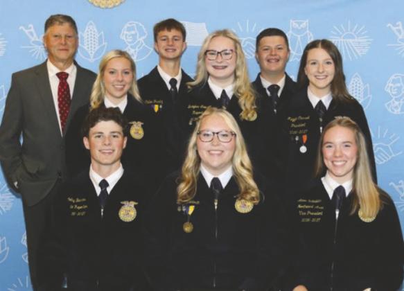 Opening and Closing Team &; State Officers: Row 3 (far back): Tommy Milligan (Perry FFA Advisor), Callen Frantz (Balko), Rylan Compston (Mooreland). Row 2: Logan Snider (Chilsom), Braylea Lawson (Mulhall-Orlando), Maggie Carrol (Cashion). Front Row: Colby Barns (State FFA Reporter), Paige Redman (Timberlake), Annie Schneider (State Northwest Area Vice-President)