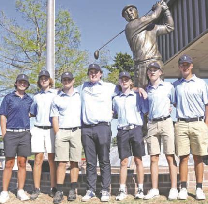 Pictured above, Bluejays boys golf team members: Luke Dale, Eli Poplin, Devin Frey, Justin Green, Hunter Highsmith, Britt Drake, and Hank Hinkle. Frey, Green and Drake qualified for the state tournament in the regional at Cedar Valley on May 1. Photo by Mike Monahan