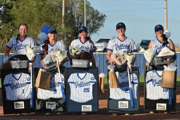 Guthrie High School softball seniors were recognized during Senior Night on Sept. 15 before the Bluejays faced the OKC Broncos. From left are Savannah Ingle, Halle Hamilton, Ryn McCormick, Micah Countess and Brylan Shephard. The seniors were honored for their dedication and contributions to the Guthrie softball program throughout their high school careers. Photo by Brett Tennyson