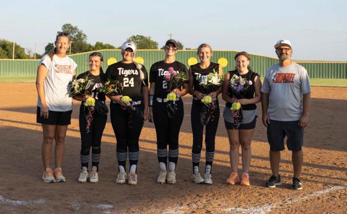 Crescent High School softball seniors were recognized alongside their coaches during Senior Night ahead of their game against OCA. Seniors Elisha Lovett, Reagan Williams, Trinity Rice, Rylee Alexander and McKinlee Kegin were honored for their dedication to the Tigers softball program. The seniors were joined by coaches Coach Riley and Coach Dyer as they celebrated the players’ contributions and the memories made throughout their high school careers. Photo by Reece Heck