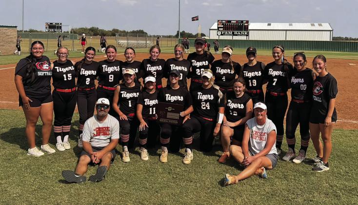 Crescent’s Lady Tigers celebrate after sweeping through regional play to claim the Class 2A regional championship. Photo courtesy of Crescent Public Schools