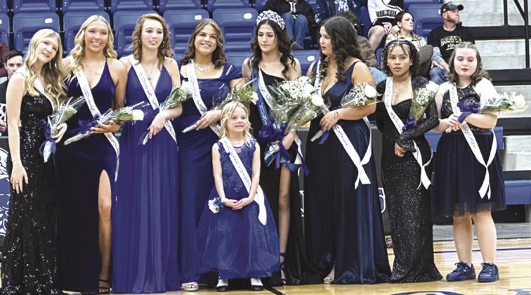 Royalty: The 2024 Basketball Homecoming Court includes freshman attendant Ashlee DeMoss, senior attendant Ashlee Kelley, senior attendant Lilly Ritter, 2024 Homecoming Queen Gracie Balsiger, senior attendant Lindsay Ray, junior attendant Arianna Vasquez and sophomore Attendant Kasey Reece. Photo by Wray Larman.