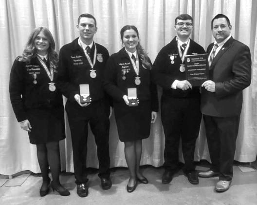 Pictured from Left to Right: Kynseth Zubrod - Gold Emblem award, Steven Sanders - 6th high individual, Maysen Garrett - 1st High individual, Ridge Garrett - Gold Emblem award, Clay Drake - Coach