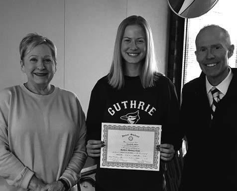 The Guthrie Rotary Club Student of the Week is Annabella Aitken. She is the daughter of Brandon and Jolene Aitken. Bella is active in National Honor Society and FFA. She played basketball for 3 years. Bella is the FFA Vice-President and participates in Public Speaking, placing 1st &amp; 2nd in AFR State, and shows Pigs. After graduation, Bella plans attend OSU and will pursue a degree in biology or agricultural communications. Pictured with Bella is Rotarian Linda Miller and GHS Principal Chris LeGrande.