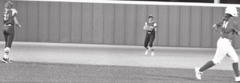 Haley Gallo with the catch, Saige Driscoll at shortstop and McKenna Tucker at second base with the Piedmont runner
