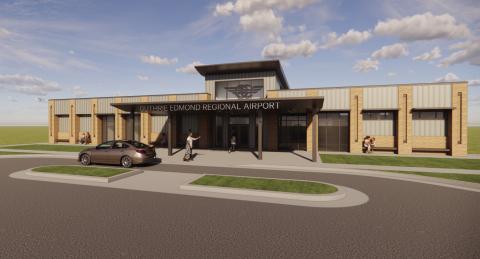 A rendering shows the planned new terminal at Guthrie-Edmond Regional Airport. The approximately $7 million project will add a 5,500-square-foot terminal featuring a restaurant and airside patio, pilot lounge, conference space and offices, along with expanded aircraft parking.