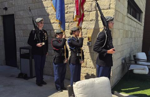 Color Guard members are seniors (from L to R) Garrett Looney, Katherine Espinoza, Monica Lavender and Caden Maurey. Photo by Guthrie JROTC