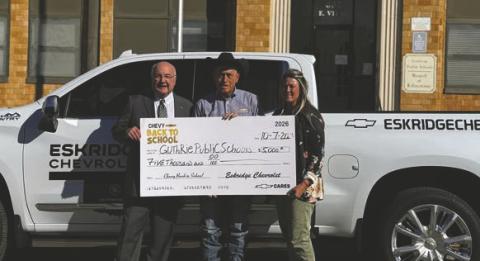 Guthrie Public Schools Superintendent Dr. Mike Simpson, Eskridge Chevrolet representative Storm Glanzer and Guthrie High School Horticulture Instructor Dusty Oldenburg were pictured together Oct. 7 to recognize the donation. Photo courtesy of Guthrie Public Schools.