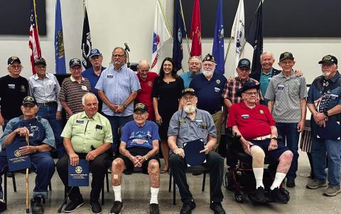 U. S. Rep. Stephanie Bice pictured with Vietnam Veterans who were honored during a ceremony in Guthrie on August 13. Photo Mayor Adam Ropp.