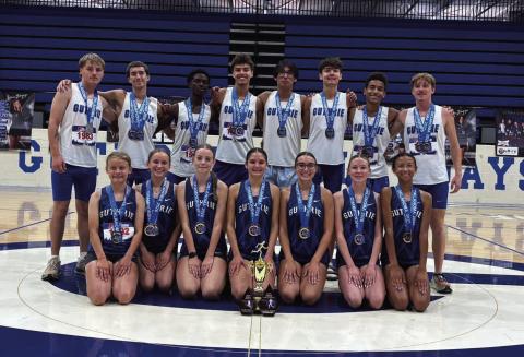 Guthrie’s Lady Jays and Bluejays celebrate with their medals following the Oklahoma 5A Public School Cross Country Championships Saturday at Cottonwood Flats. The Lady Jays captured the Class 5A team title, while the Bluejays finished second. Photo provided by GHS Facebook