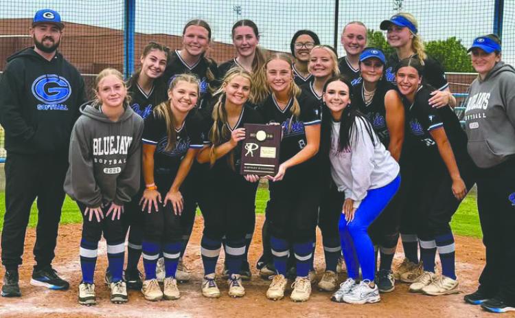 Guthrie Lady Jays softball team celebrates after securing the district championship, marking a strong performance in postseason play and earning the title with a decisive team effort. Guthrie Lady Jays Softball Booster Facebook