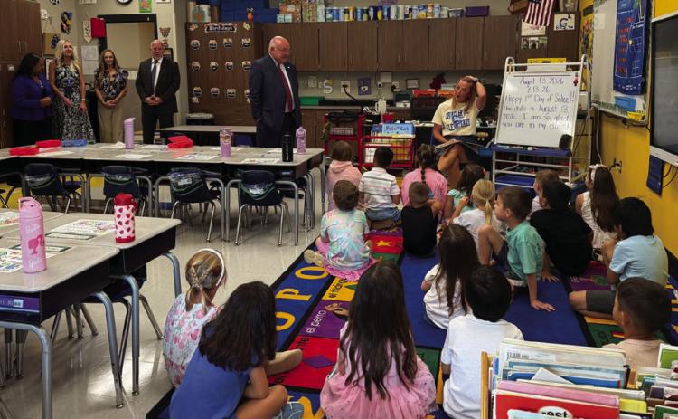 Guthrie Public Schools administrators visit with students and staff Aug. 13 as they tour district classrooms during the first day of the 2026-27 school year. Photo courtesy of Guthrie Public Schools